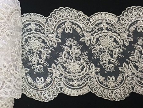 8" Bridal Trim, Beading, Cording, Sequins, Detailed work Scallops, Sold By the Yard White