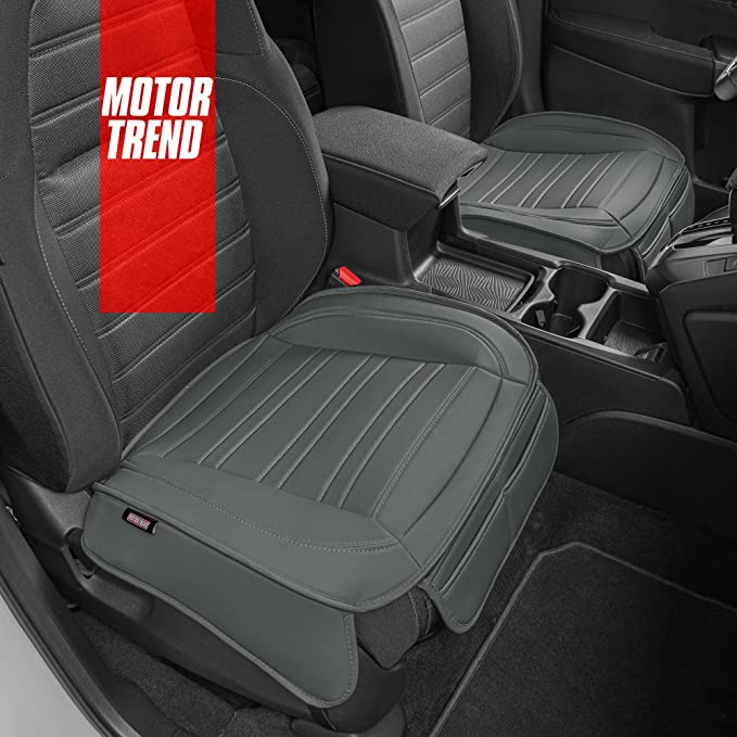 Motor Trend Gray Universal Car Seat Cushions, Front Seat 2-Pack – Padded Luxury Cover with Non-Slip Bottom & Storage Pockets, Faux Leather Cushion Cover for Car Truck Van and SUV