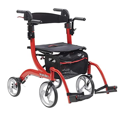 Drive Medical Nitro Duet Rollator Rolling Walker and Transport Wheelchair Chair with 2 Backrest Positions and Folding Mobility for Home, Hospital, or Nursing Facility (Red)