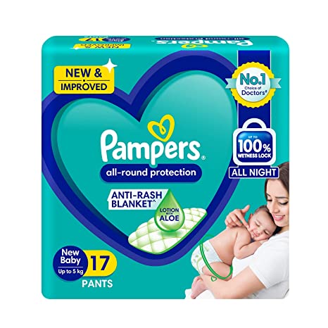 Pampers All round Protection Pants, New Born, Extra Small size baby diapers (NB/XS), 17 Count, Lotion with Aloe Vera