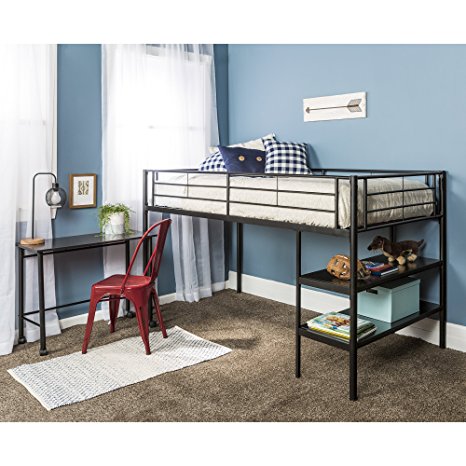 Twin Modern Metal Loft Bed with Desk and Shelves, Black Finish