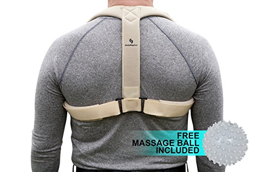 Upper Back and Shoulder Posture Corrector Brace and Clavicle Support with Massage Ball (Medium, Beige)