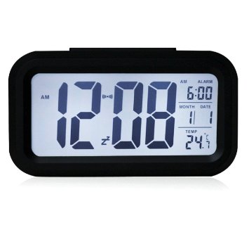 EIALA 54  Light-sensor Smart Simple and Silent Alarm Clock w Date Temperature Display Repeating Snooze and Sensor Light  Night Light Progressively Louder Wakey Alarm Black