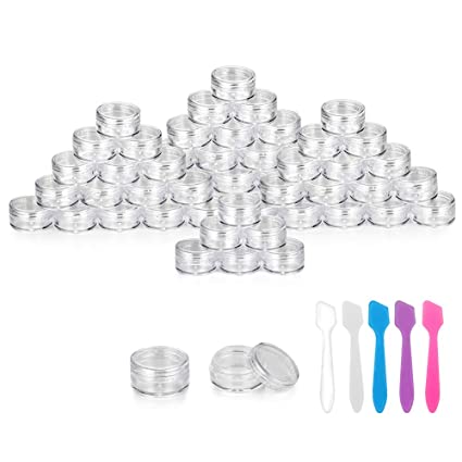 Accmor 100 Pieces 3g Empty Clear Plastic Sample Containers with Lids Cosmetic Pot Jars with 5 Pieces Mini Spatula by Accmor