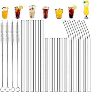 Qisiewell Reusable Glass Drinking Straws - 15 x Straws 10xStraight 20 15cm 5xBent 20cm 4 x Cleaning Brushes - Smoothie Straws for Milkshakes, Frozen Drinks, Bubble Tea, Fruit Juice