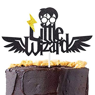 Little Wizard Cake Topper for Kids Boy HP Themed Happy Birthday Gender Reveal Baby Shower Party Supplies Glitter Black Decorations DOUBLE SIDE