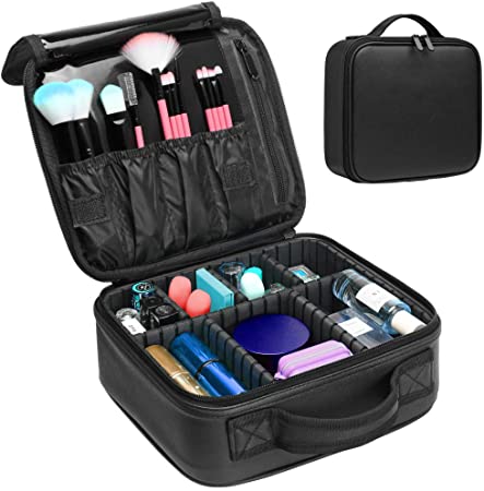 Makeup Case, BuyAgain PU Leather Cosmetic Case Travel Bag Water-resistant Makeup Case Organizer With Adjustable Dividers for Women (Black-S)