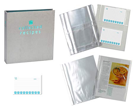 Meadowsweet Kitchens Recipe Binder Organizer Gift Set with Recipe Cards and Plastic Protector Sheets (Turquoise & Gray)