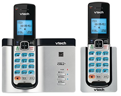 Vtech DECT 6.0 2 Cordless Phones with Bluetooth Connect-to-Cell, Caller ID, Handset Speaker Phones, Black and Silver