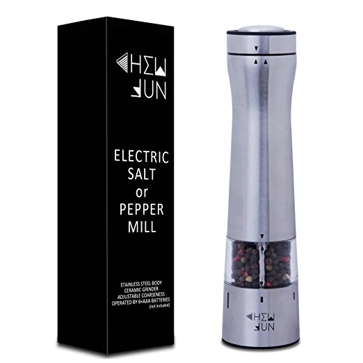 Electric Pepper Grinder or Salt Grinder Mill with Adjustable Coarseness Ceramic Mechanism, One-Hand Battery Operated with LED Light at bottom, Brushed Stainless Steel by CHEW FUN