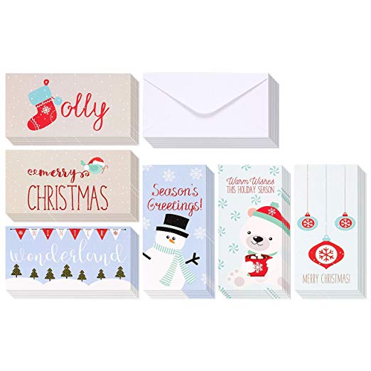 Winter Holiday Money Christmas Greeting Cards - 6 Winter Christmas Designs Including Ornaments, Polar Bears, Stockings, Snowflakes, Merry Christmas, Envelopes Included - 36 Pack - 3.5 x 7.25 Inches