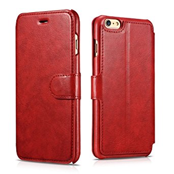 iPhone 6s /6 Leather Case, Xoomz Premium Vegan Leather Side Open Wallet Cases with 3 Card-slot, Flip Folio Style with Magnetic Strap with Stand Function for Apple iPhone 6s /6 4.7 inch (Red)
