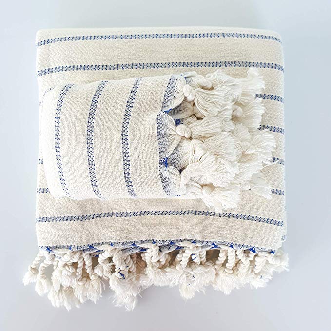 The Loomia Turkish Bath and Hand/Hair Towel (Set of 2) - Deniz Handwoven Series Made of Bamboo & Turkish Cotton (Cream with Blue Stripes, Size XL)