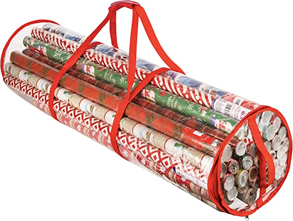 Clear Wrapping Paper Storage Bag - Transparent Design, Dual Zipper and Two Handles for Easy Carrying. Store Up to 25 Standard 40-Inch Gift Wrap Rolls. (RED)