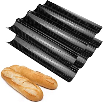 Fasmov Set of 2 French Bread Baking Pan Nonstick Perforated Baguette Pan 4 Wave Loaves Loaf Bake Mold Toast Cooking Bakers Molding, Black