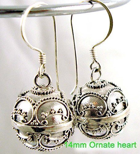 14mm Solid sterling silver harmony ball musical earrings - ornate heart