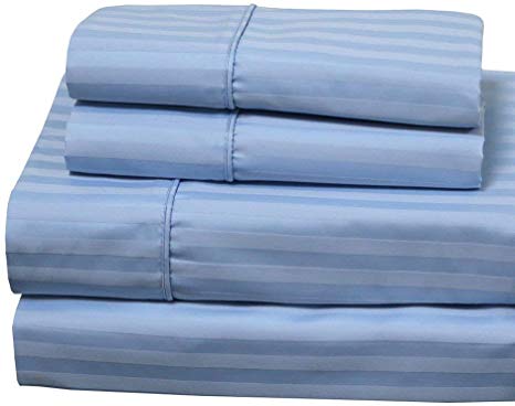 Royal's Stripe Blue 1000 Thread Count 4pc Olympic-Queen Bed Sheet Set 100% Cotton, Sateen Stripe, Deep Pocket