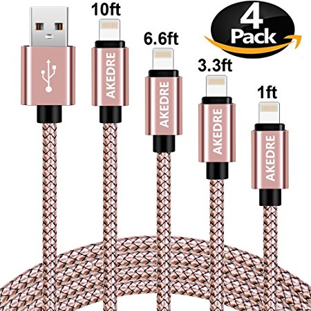 iPhone Charger, AKEDRE 4Pack [10FT 6FT 3FT 1FT] Nylon Braided 8 pin Charging Cables USB Charger Cord for iPhone 8 8Plus 7Plus 7 6S Plus 6 Plus SE 5S 5C 5, iPad 2 3 4 Mini, iPad Pro Air, iPod