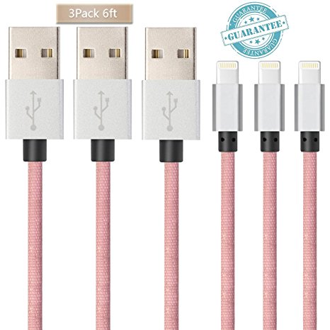 Lightning Cable - 3Pack 6FT, DANTENG Extra Long iPhone Cable - Nylon Braided 8 Pin to USB Cord for iPhone 7,6s,6 Plus,SE,5s,5,Pad,iPod(Pink)
