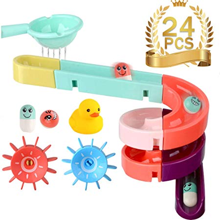 Bath Toys,Bathtub Toys,DIY Pipe Blockcs Assemly Set Tub Toys Mini Water Slide with Track Balls and Suctions Attaches to Tub Wall Bath Toys for 1 Year Old,24 PCS/Random Color Parts