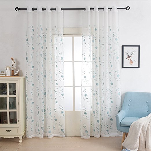 TongXi Elegant Floral Embroidered Sheer Curtains Set of 2 (54"x84")