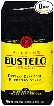 Supreme By Cafe Bustelo, Espresso Style Coffee, Whole Bean, 16 Ounce (Pack of 8)