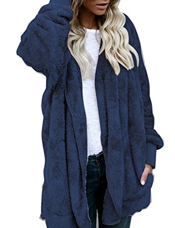 ASSKDAN Women's Fuzzy Velvet Open Front Loose Fitting Long Jacket Coat with Hood