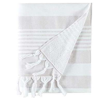 Cottonna 100% Turkish Cotton Fouta Towel | Peshtemal Front with Terry Loop Back | Beach Spa and Bath Towel (Moon-White)