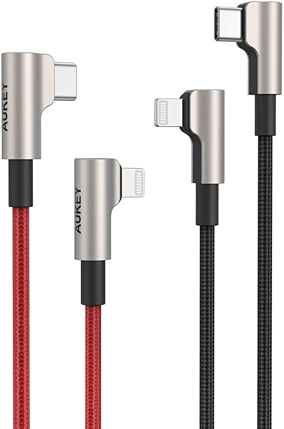 AUKEY USB C to Lightning Cable Right Angle 90 Degree 6.6ft Braided Nylon MFi-Certified Fast Charging Cable Compatible with iPhone 11 Pro/XS/8 Plus and iPad 2-Pack