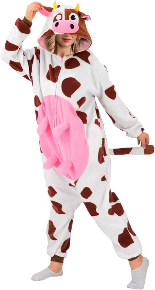 Adult Cow One Piece Pajamas Animal Cosplay Halloween Costume for Men Women