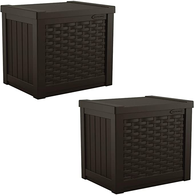 Suncast SSW500J 22-Gallon Indoor Outdoor Resin Patio Storage Chest Deck Box and Seat for Patio, Garden, or Pool for All Weather, Java, 2 Pack