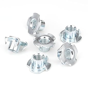 3/8"-16 T-Nuts (100 Pack), Zinc-Plated Steel Corrosion Resistant, 7/16" Barrel Length, 4-Pronged Tee Nut for Wood, Rock Climbing Holds, Cabinetry