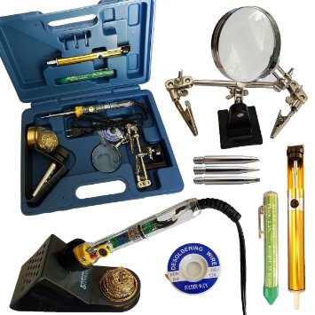 Whatnot Widgets 12 Piece Electronic Soldering Iron Kit with Adjustable Temperature 110V Electric 30-50 Watt Iron, 3 Tips, Helping Hands, Stand, Solder, Sucker, Wick, Tip Cleaner and holder, Tool Case