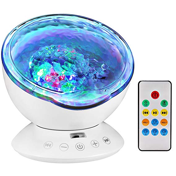 Ocean Wave Projector, 12LED Night Light Lamp with Built-in Music Player, 7 Color Changing Lighting Modes, Perfect Choice for Baby Nursery Bedroom Living Room …