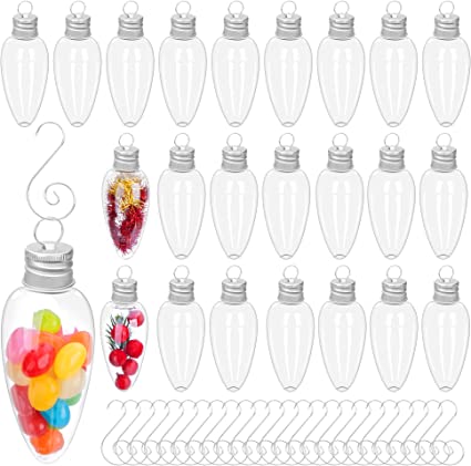 Watayo 24 PCS Christmas Booze Balls-Fillable Booze Tree Ornaments with S Hook-Light Bulb Ornaments for Crafts-Clear Plastic Xmas Ornaments Booze Ball for Xmas Home Party Decor