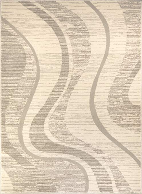 ADGO Atlantic Collection Abstract Belgian Wave Lines Area Rug, Living Dining Room Ivory Beige, 6' x 9'