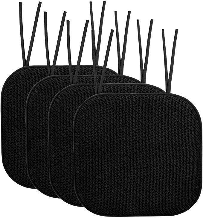 Sweet Home Collection Chair Cushion Memory Foam Pads with Ties Honeycomb Pattern Slip Non Skid Rubber Back Rounded Square 16" x 16" Seat Cover, 4 Pack, Black