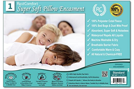 RestComfort Super Soft Coral Fleece Pillow Protector - Bed Bug & Dust Mite Bacteria, Allergy Proof/Waterproof Hypoallergenic Breathable & Cozy - Zippered Pillow Encasement, (1, Standard 21"x27")