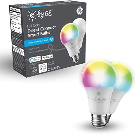 C by GE Full Color Direct Connect Smart LED Bulbs (2 A19 Color Changing Light Bulbs), 60W Replacement, 2-Pack, Bluetooth/Wi-Fi Light Bulb, Smart Light Bulb Works with Alexa   Google Home Without Hub