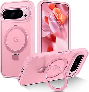 DUEDUE for Google Pixel 9 Pro XL Case Magnetic with Ring Stand[Compatible with Magsafe], Translucent Matte Back Full Body Protective Cover Kickstand Phone Case for Pixel 9 Pro XL, Pink