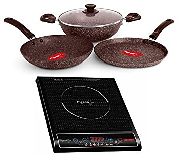 Pigeon Rapido Cute 1800 Watt Induction Cooktop with Granito 4 Pc Non Stick Induction Base Gift Set Combo