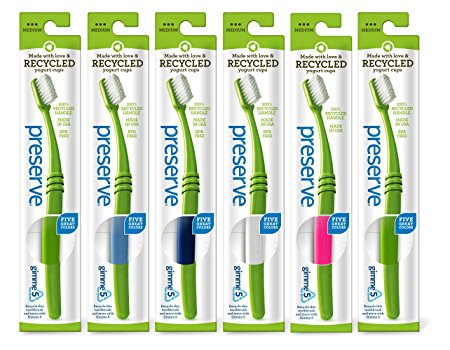 Preserve Toothbrushes in Lightweight Pouch, Medium Bristles, 6-Count (Colors Vary)
