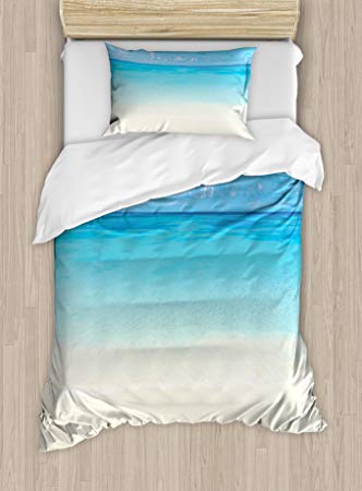 Ambesonne Ocean Duvet Cover Set Twin Size, Paradise Beach in Tropical Caribbean Sea with Fantastic Sky View Beach House Theme, Decorative 2 Piece Bedding Set with 1 Pillow Sham, Cream Navy