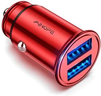 AINOPE Car Charger, 4.8A All Metal Car Charger Adapter Dual USB Port Fast Car Charging Mini Flush Fit Compatible with Xs max/XR/x/7/6s, Air 2/Mini 3, Note 9/Galaxy S10/S9/S8, Phone, Tablet-Red