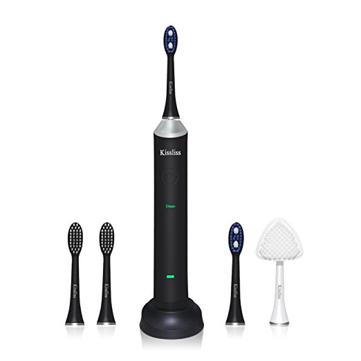 Kissliss Rechargeable Electric Toothbrush Sonic-tech 5 Bushing Functions 48,000 Vibrations Rate with 4 Replacement Brush Heads and 1 Facial Head - Black