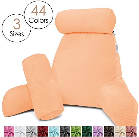 Nestl Reading Pillow, Includes 1 Extra Large Bed Rest Pillow with Arms and Pockets   2 Detachable Pillows - Shredded Memory Foam TV Pillow, Neck Roll & Lumbar Support Pillow - Set of 3 - Buff Orange