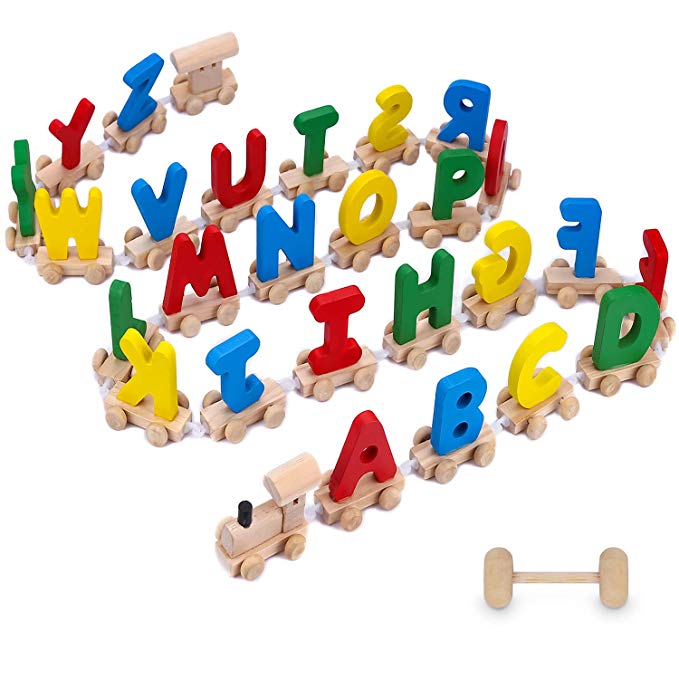 XREXS 28pcs Letter Train Wooden Alphabet Railway , Letter Alphabet Train ,ABC Train Floor Puzzles,Wood Letter Train Set for Preschool Kids Toddler Educational Toy