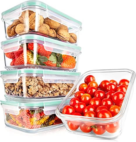 NutriChef 10-Piece Glass Food Containers - Stackable Superior Glass Meal-prep Storage Containers, Newly Innovated Leakproof Locking Lids w/ Air Hole, Freezer-to-Oven-Safe (Green)