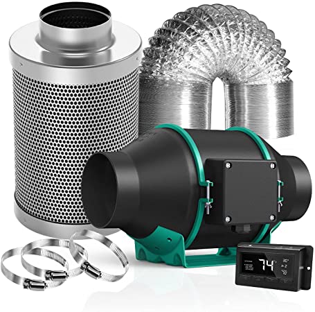 MARS HYDRO 4" Inline Fan Carbon Filter Combo - 4" Inline Fan with Temperature Humidity Controller, 4 Inch Carbon Filter, 33 Feet Ducting, 3 Duct Clamps Ventilation System Grow Tent Exhaust Fan Kit