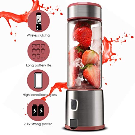 TTLIFE S-POW Portable Glass Smoothie Blender, USB Rechargeable, Stainless Steel 4-Blade for Travel Personal, Juice, Shakes and Baby Food, Mixer Juice Cup with 5200mAh Rechargeable Battery, FDA, BPA Free-Red